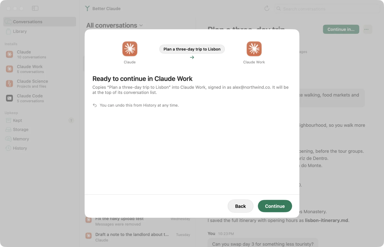 The review step of Continue in, showing a conversation moving from Claude to Claude Work.