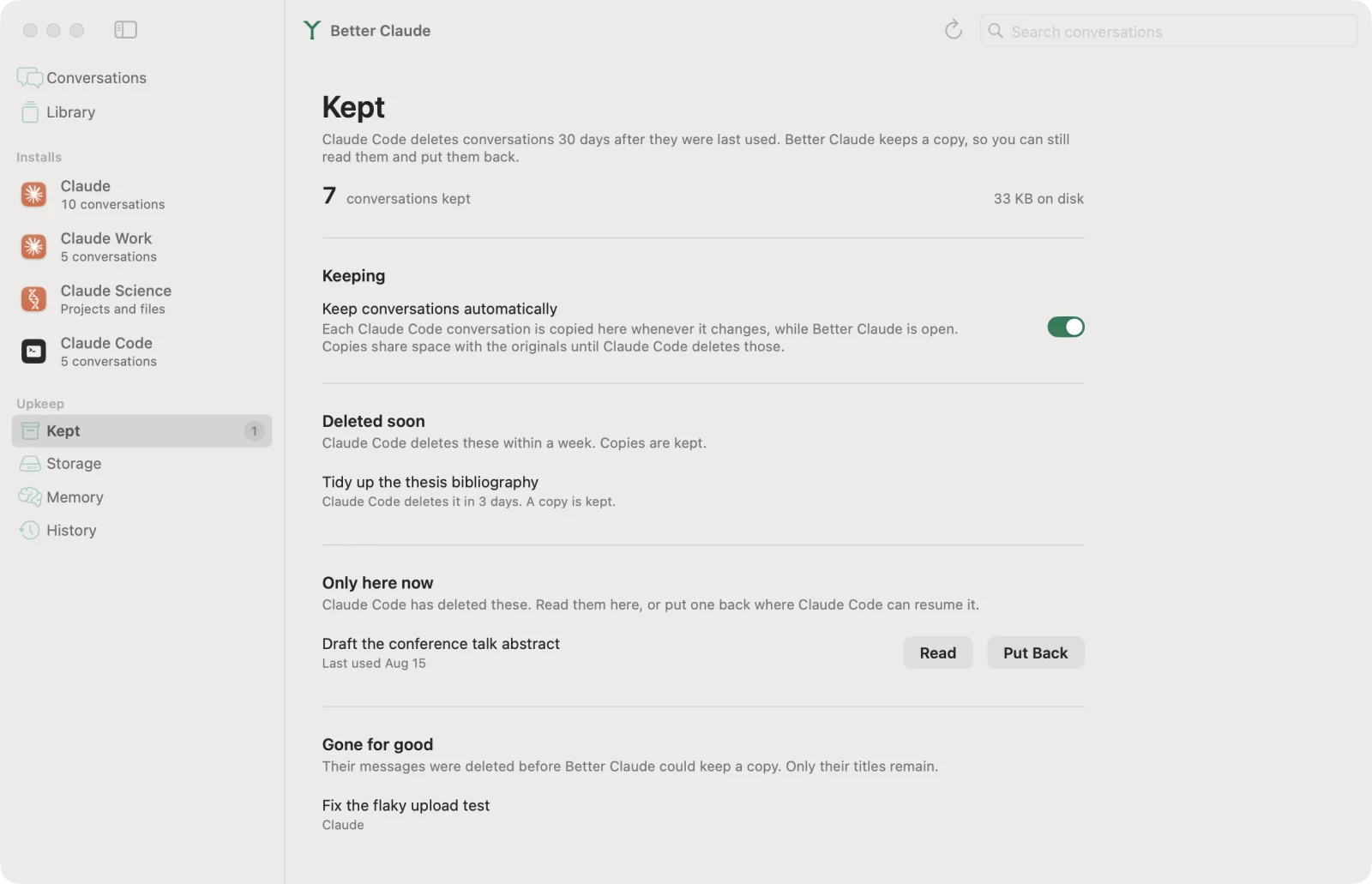 The Kept page, listing conversations Claude Code deletes soon and one only Better Claude still has.