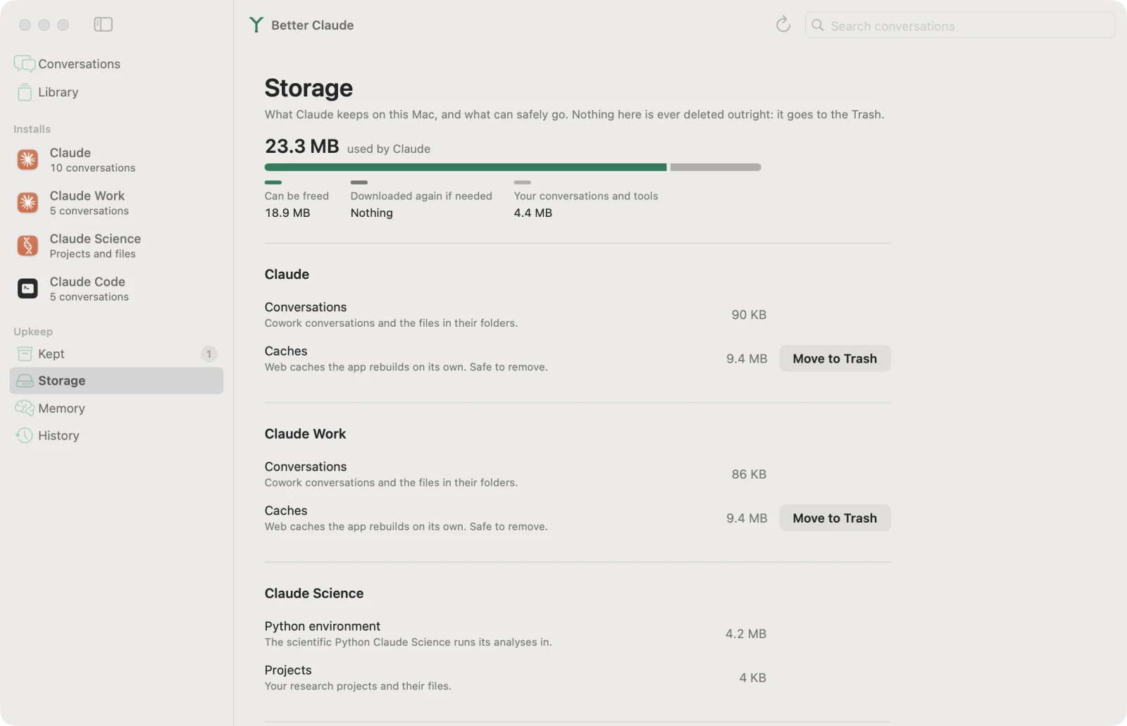Storage, showing what each install keeps on disk.